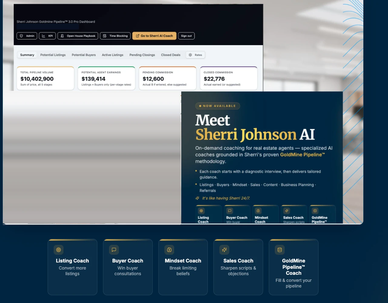 Goldmine Pipeline 3.0 dashboard and the Sherri AI Coach panel with its specialist coach cards